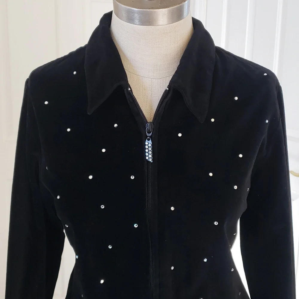 THE QUACKER FACTORY Black Velvet Rhinestone Jacket • Size Small - Picture 5 of 16
